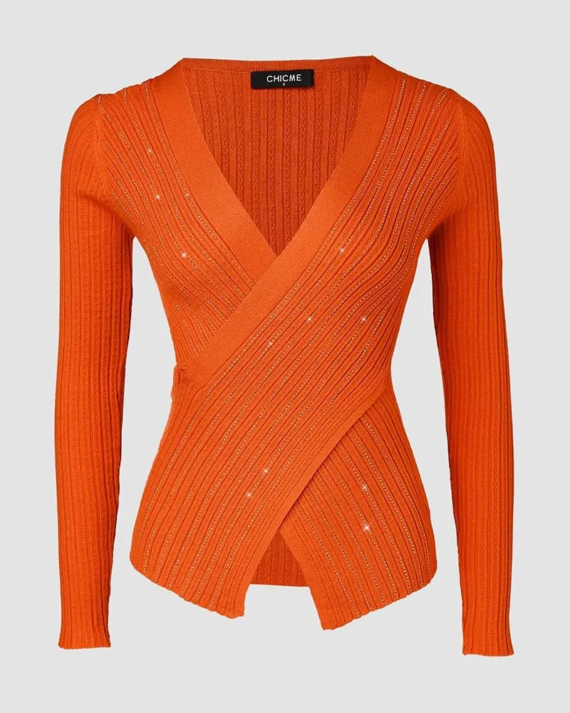 Chic Me Womens Knit Sweaters Long Sleeve Pullover Rhinestone Decor Criss Cross Knit Sweater