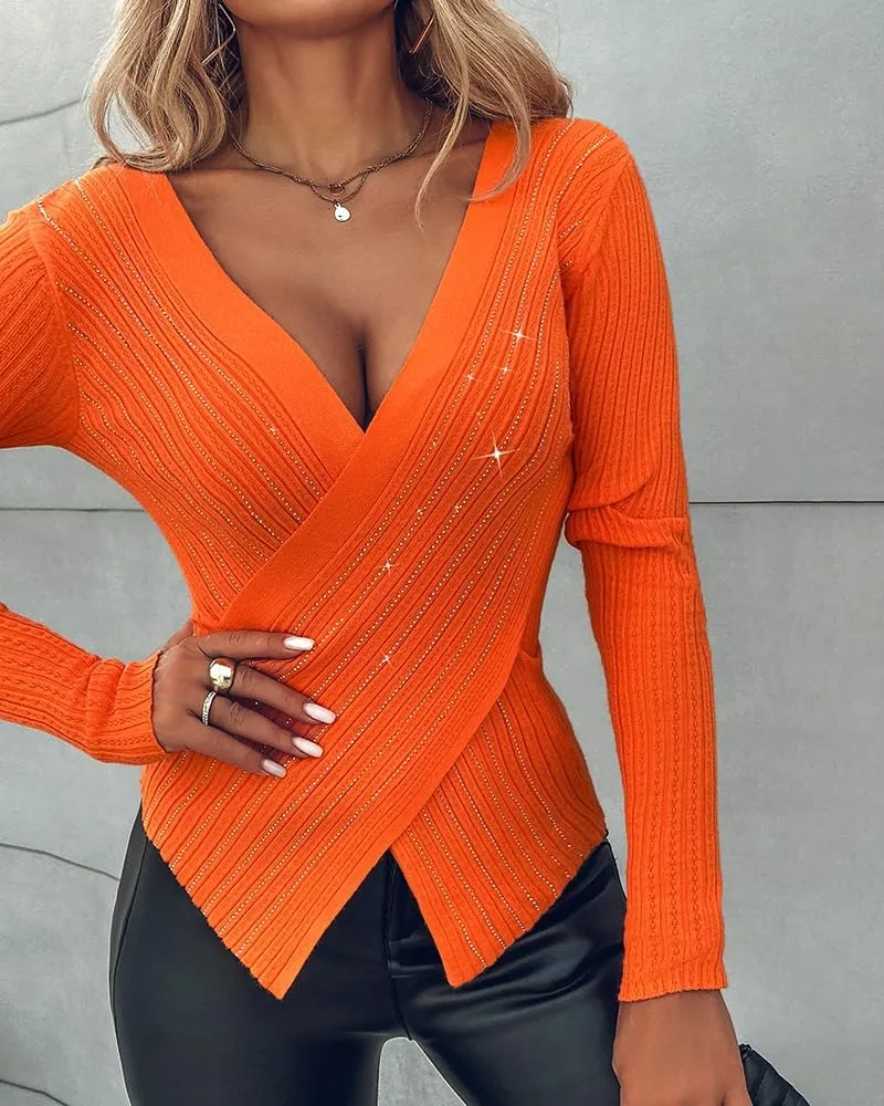 Chic Me Womens Knit Sweaters Long Sleeve Pullover Rhinestone Decor Criss Cross Knit Sweater