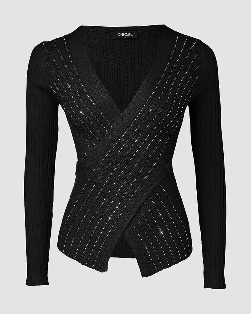 Chic Me Womens Knit Sweaters Long Sleeve Pullover Rhinestone Decor Criss Cross Knit Sweater