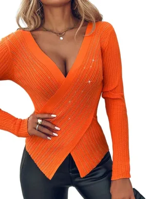 Chic Me Womens Knit Sweaters Long Sleeve Pullover Rhinestone Decor Criss Cross Knit Sweater