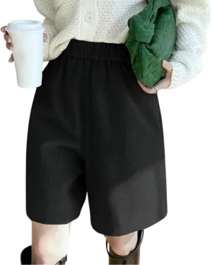 chouyatou Women's Business Casual Shorts Elastic High Waisted Pleated Wool Wide Leg Shorts with Pockets