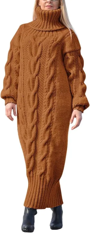chouyatou Women's Chunky Turtleneck Sweater Dress Cable Knit Maxi Long Pullover Sweater Dress