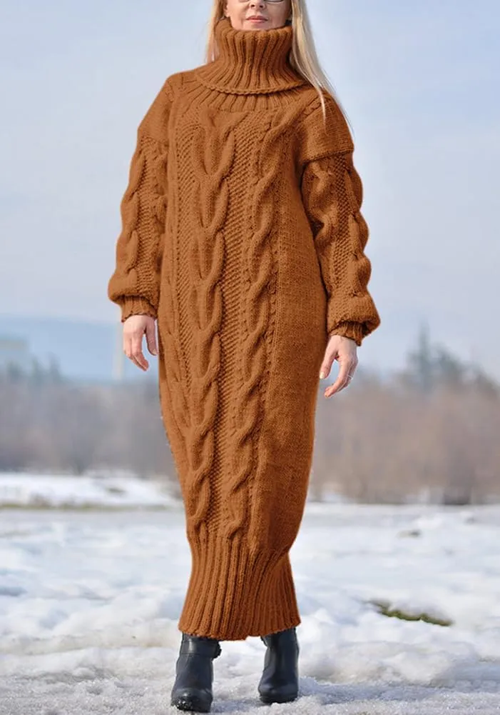 chouyatou Women's Chunky Turtleneck Sweater Dress Cable Knit Maxi Long Pullover Sweater Dress