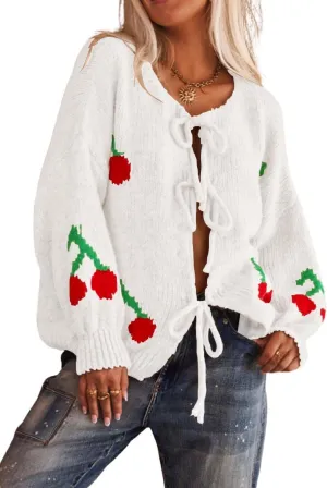 chouyatou Women's Cute Y2K Cherry Tie Knot Cardigan Casual Loose Crewneck Chunky Knit Sweater Cardigan