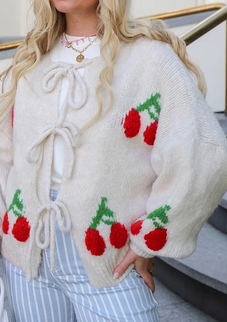 chouyatou Women's Cute Y2K Cherry Tie Knot Cardigan Casual Loose Crewneck Chunky Knit Sweater Cardigan
