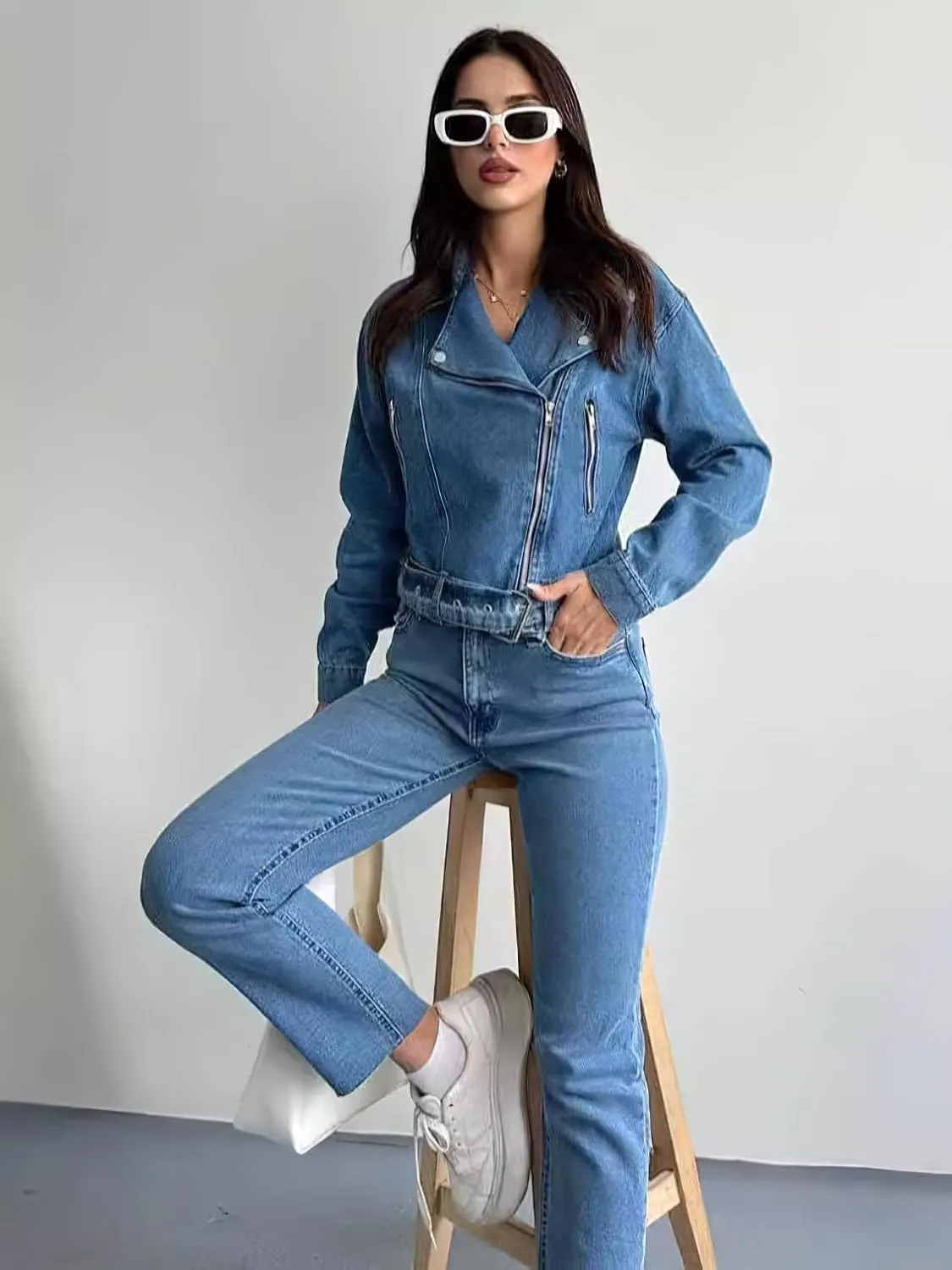 chouyatou Women's Notch Lapel Jean Bomber Jacket Zip Up Distressed Cropped Denim Motorcycle Jacket Coat