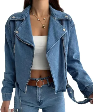 chouyatou Women's Notch Lapel Jean Bomber Jacket Zip Up Distressed Cropped Denim Motorcycle Jacket Coat