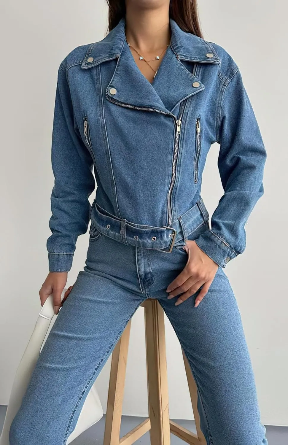 chouyatou Women's Notch Lapel Jean Bomber Jacket Zip Up Distressed Cropped Denim Motorcycle Jacket Coat