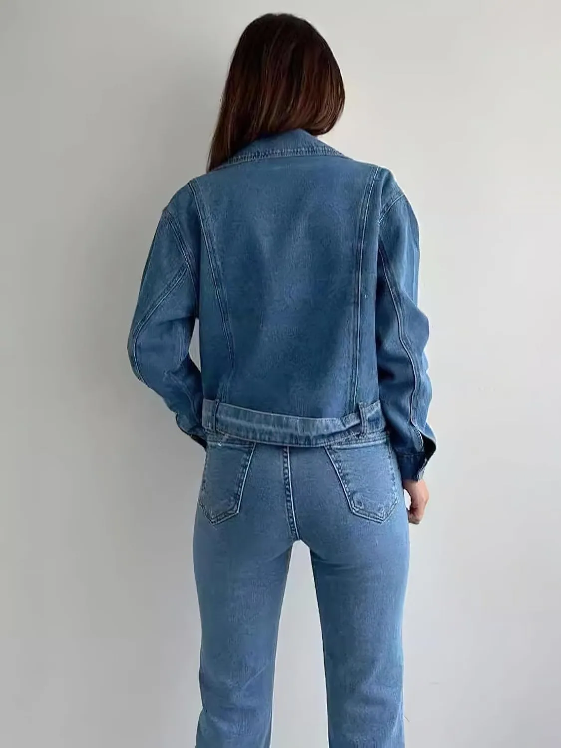 chouyatou Women's Notch Lapel Jean Bomber Jacket Zip Up Distressed Cropped Denim Motorcycle Jacket Coat