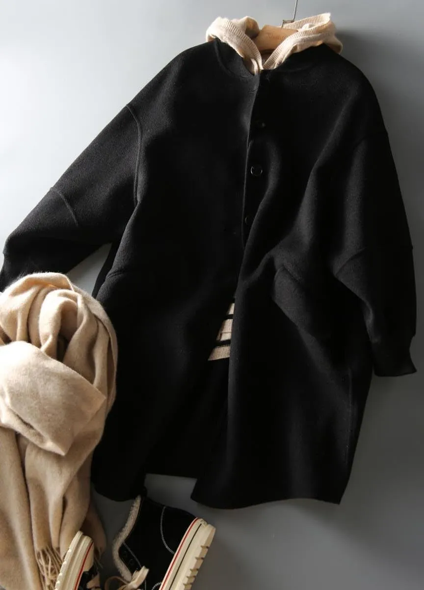 chouyatou Women's Winter Casual Single Breasted Wool Coat Collarless Long Wool Blend Trench Pea Coat