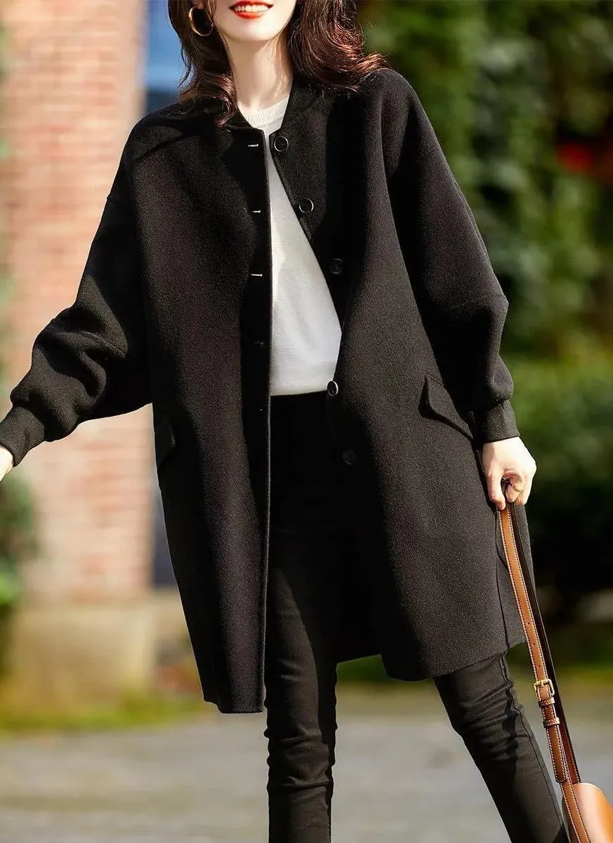 chouyatou Women's Winter Casual Single Breasted Wool Coat Collarless Long Wool Blend Trench Pea Coat