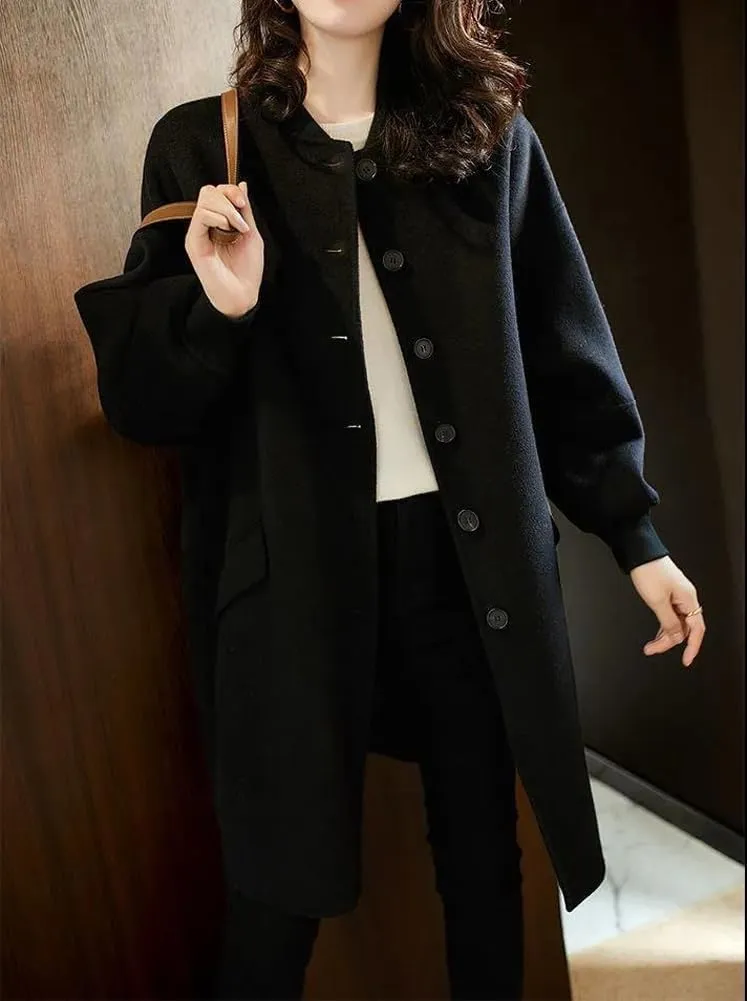 chouyatou Women's Winter Casual Single Breasted Wool Coat Collarless Long Wool Blend Trench Pea Coat
