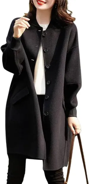 chouyatou Women's Winter Casual Single Breasted Wool Coat Collarless Long Wool Blend Trench Pea Coat
