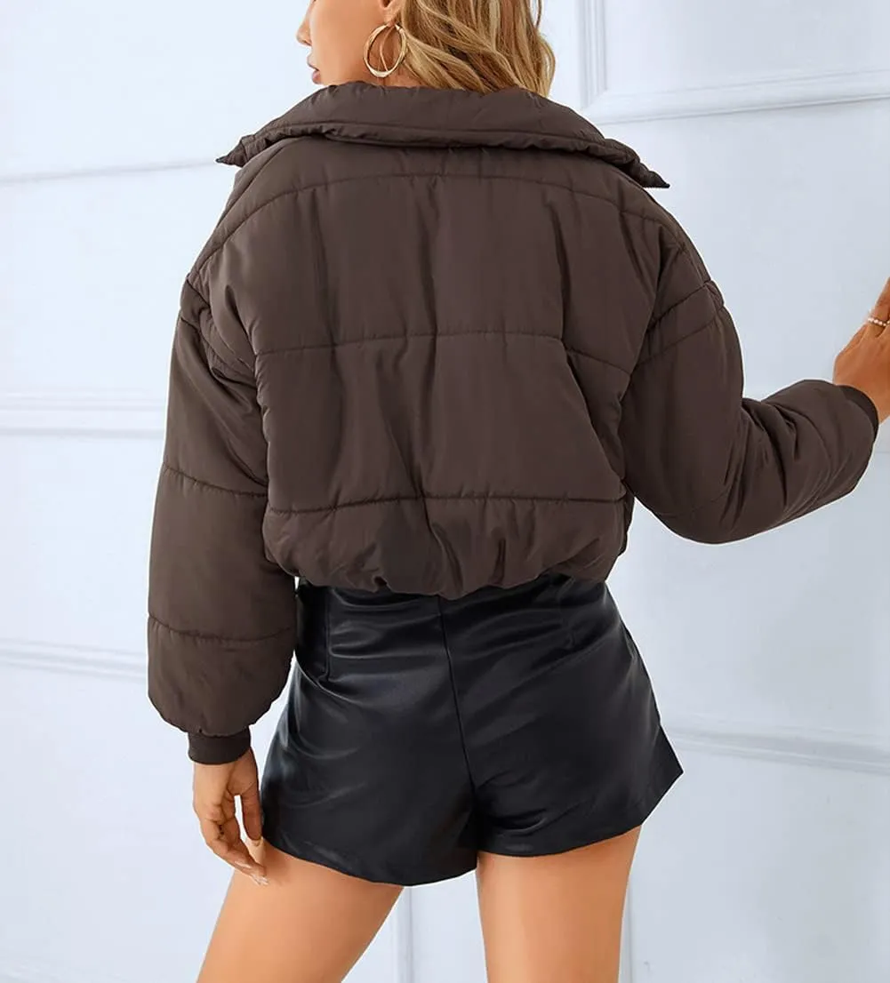 chouyatou Women's Winter Cropped Puffer Jacket Zip Stand Collar Quilted Down Jacket
