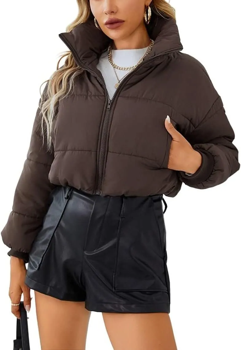 chouyatou Women's Winter Cropped Puffer Jacket Zip Stand Collar Quilted Down Jacket