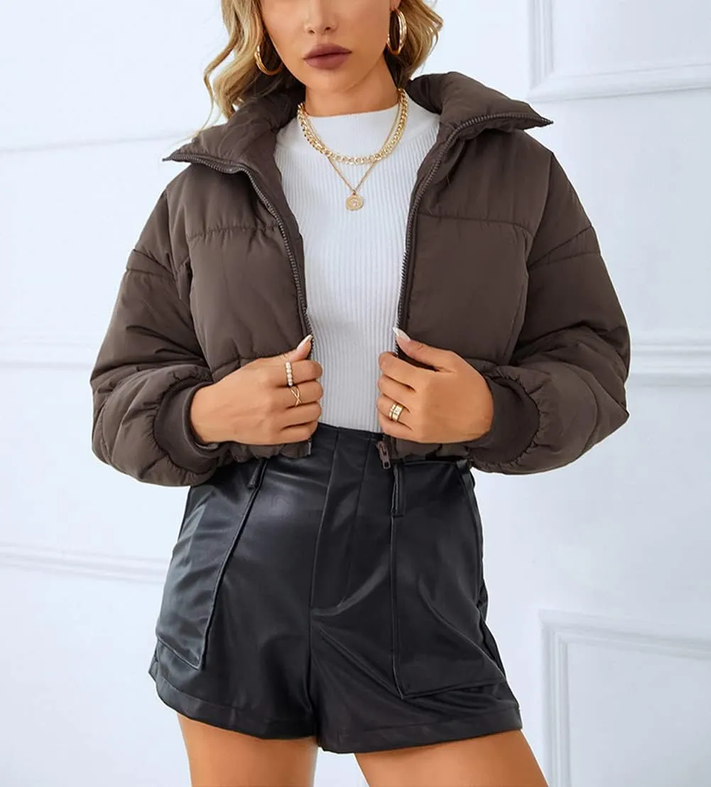 chouyatou Women's Winter Cropped Puffer Jacket Zip Stand Collar Quilted Down Jacket