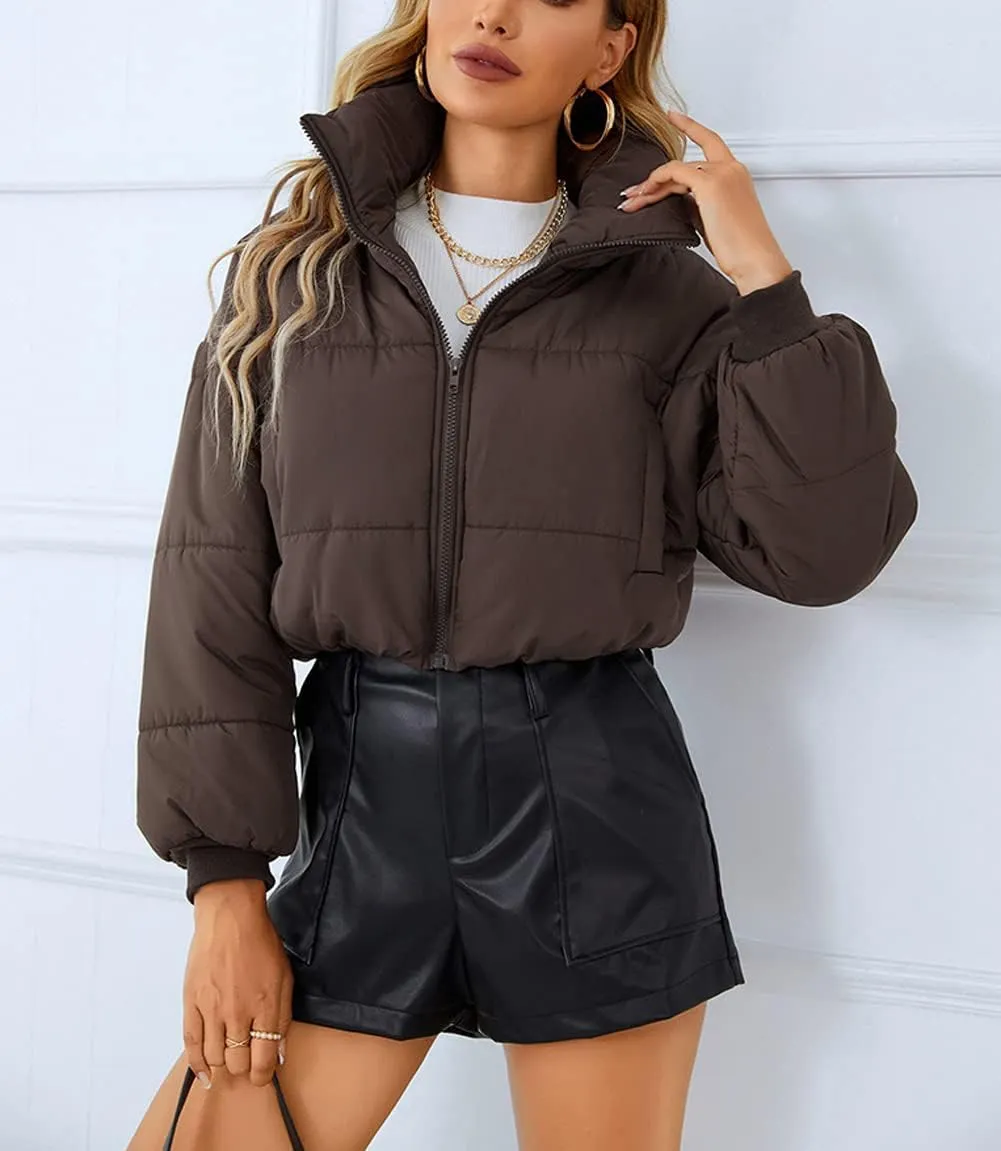chouyatou Women's Winter Cropped Puffer Jacket Zip Stand Collar Quilted Down Jacket