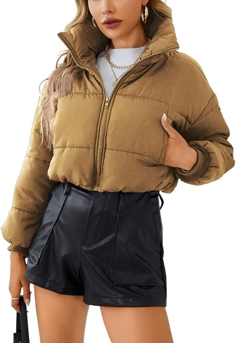 chouyatou Women's Winter Cropped Puffer Jacket Zip Stand Collar Quilted Down Jacket