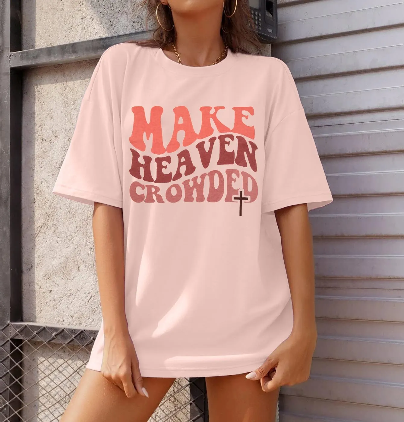 Christian Shirt Women Make Heaven Crowded T-shirt Oversized Inspirational Graphic Tee Short Sleeve Top