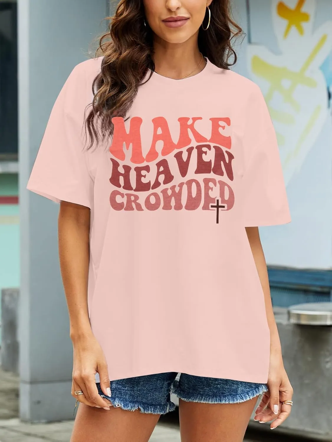 Christian Shirt Women Make Heaven Crowded T-shirt Oversized Inspirational Graphic Tee Short Sleeve Top