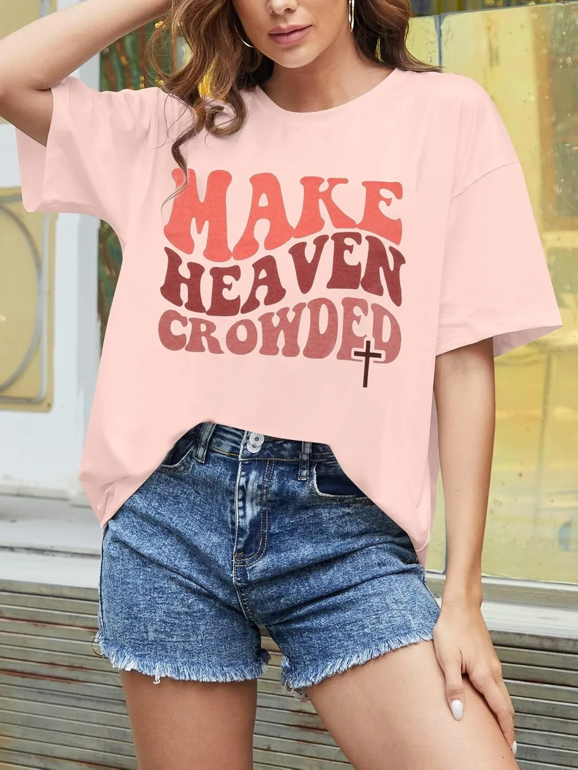 Christian Shirt Women Make Heaven Crowded T-shirt Oversized Inspirational Graphic Tee Short Sleeve Top