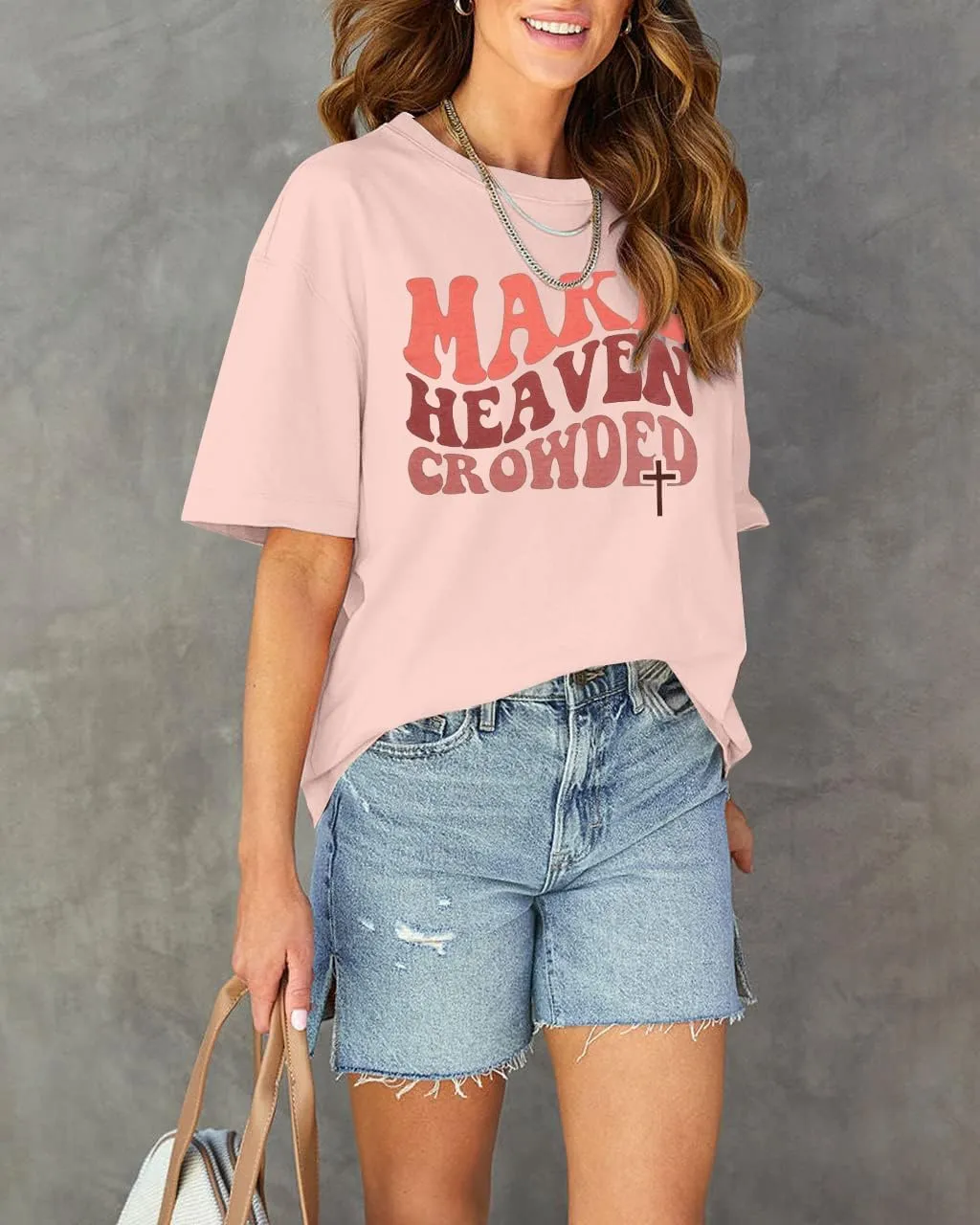 Christian Shirt Women Make Heaven Crowded T-shirt Oversized Inspirational Graphic Tee Short Sleeve Top