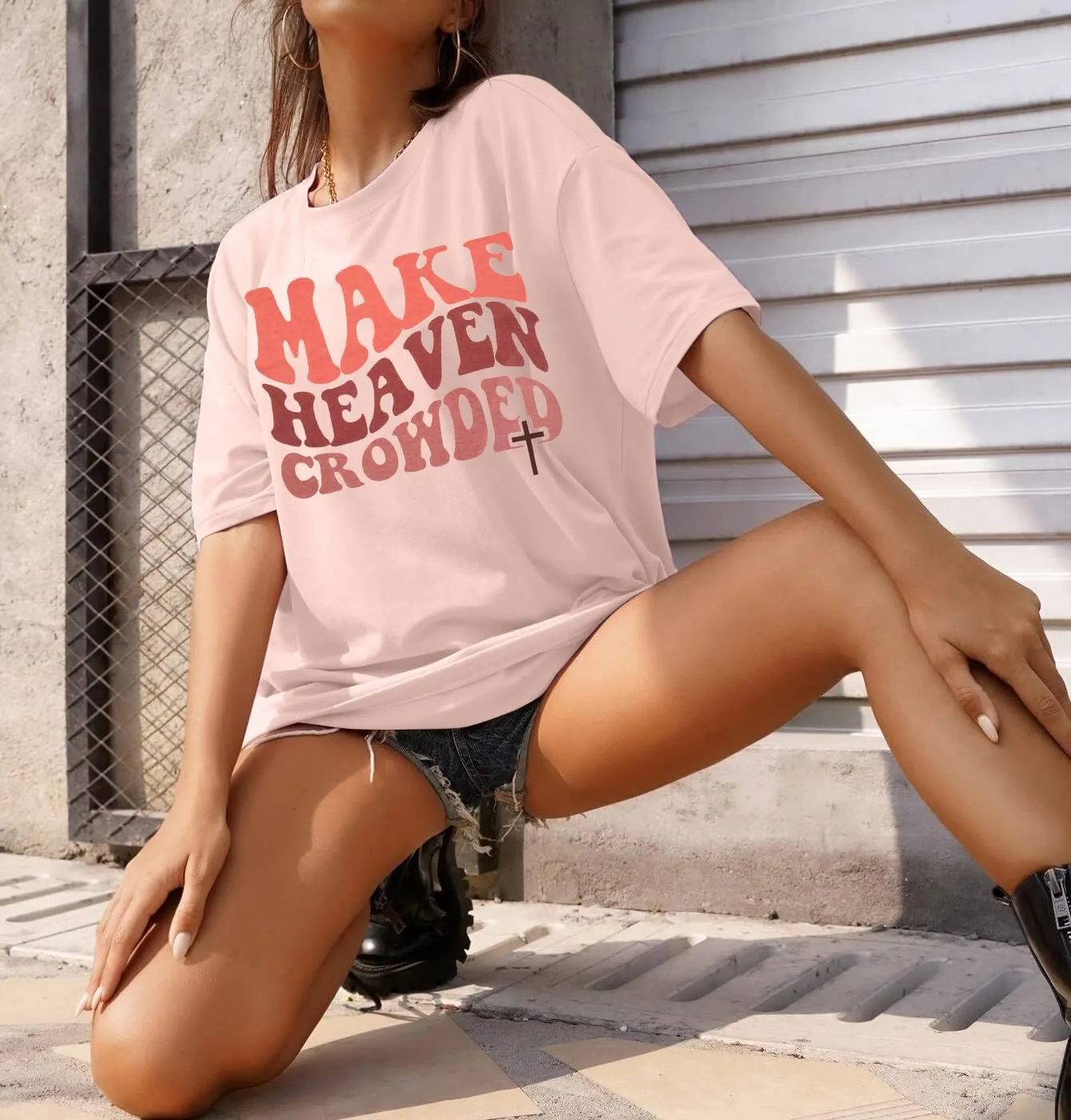 Christian Shirt Women Make Heaven Crowded T-shirt Oversized Inspirational Graphic Tee Short Sleeve Top