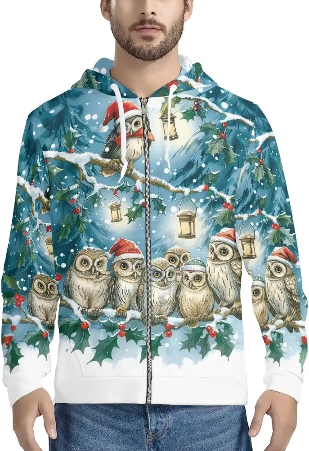 Christmas Men's Zip Up Hoodie Colourful Lights Christmas Snowman Casual Comfy Pullover Long Sleeve Sweatshirt