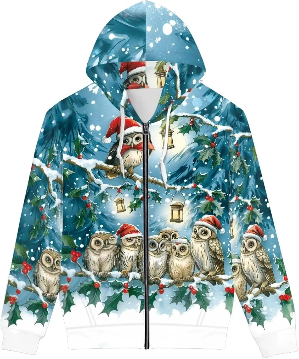 Christmas Men's Zip Up Hoodie Colourful Lights Christmas Snowman Casual Comfy Pullover Long Sleeve Sweatshirt