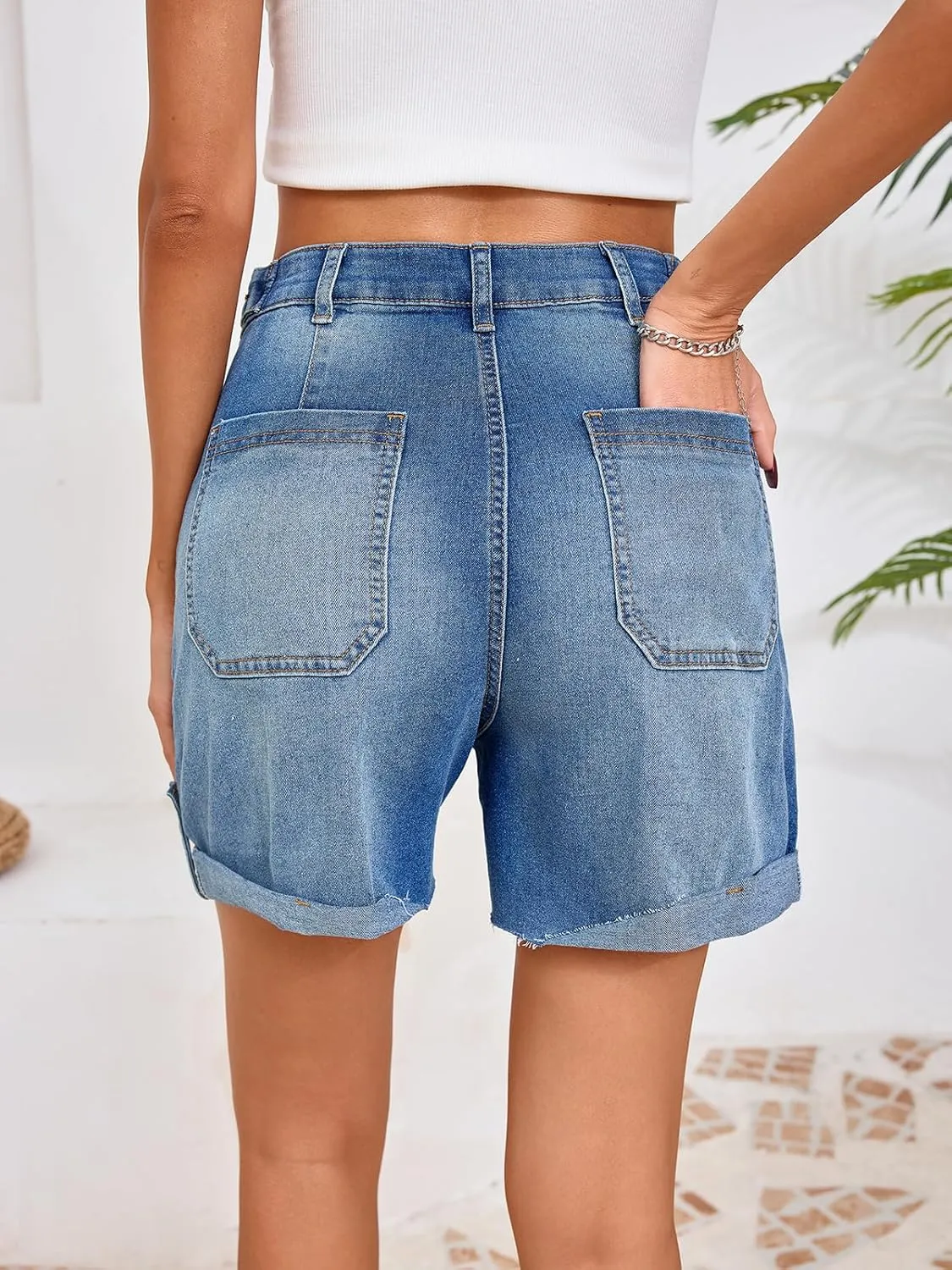Cicy Bell Womens Baggy High Waisted Jean Shorts Summer Straight Leg Jorts Stretchy Button Adjustable Rolled Hem Denim Shorts