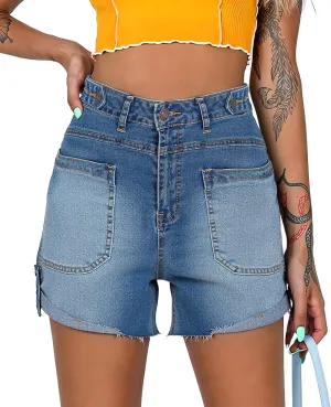 Cicy Bell Womens Baggy High Waisted Jean Shorts Summer Straight Leg Jorts Stretchy Button Adjustable Rolled Hem Denim Shorts