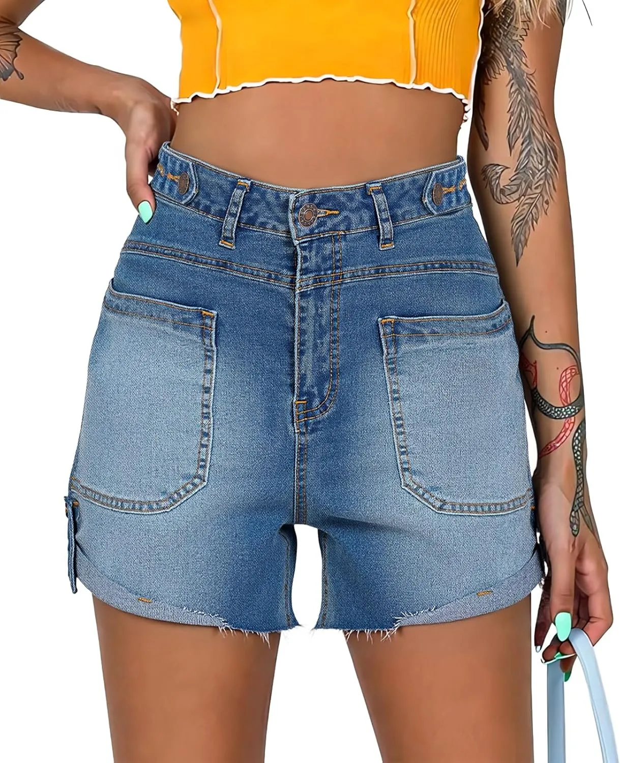 Cicy Bell Womens Baggy High Waisted Jean Shorts Summer Straight Leg Jorts Stretchy Button Adjustable Rolled Hem Denim Shorts