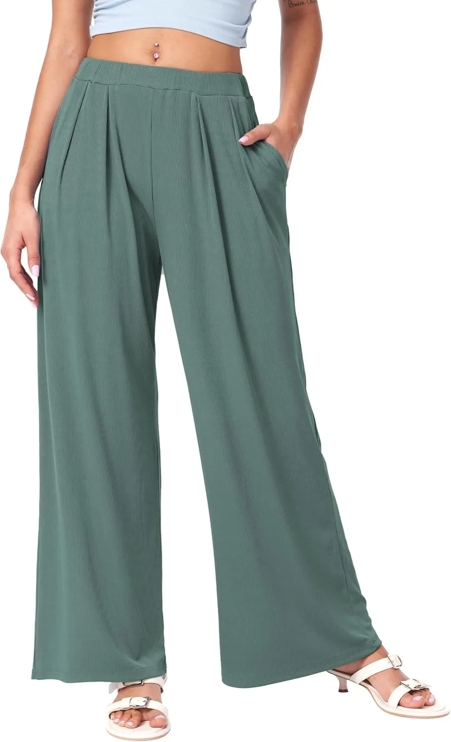CIDER Wide Leg Palazzo Pants for Women with Pockets Elastic Business Causal Pants Women Summer for Beach Travel Trousers