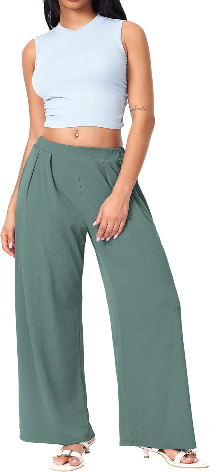 CIDER Wide Leg Palazzo Pants for Women with Pockets Elastic Business Causal Pants Women Summer for Beach Travel Trousers