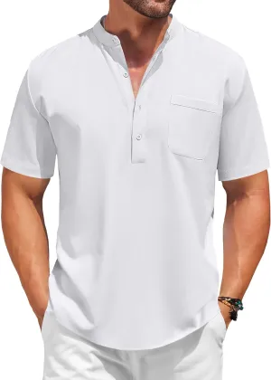 COOFANDY Mens Short Sleeve Henley Casual Shirt Summer Shirts Beach Shirts Banded Collar Shirt Tshirts Shirts with Pocket