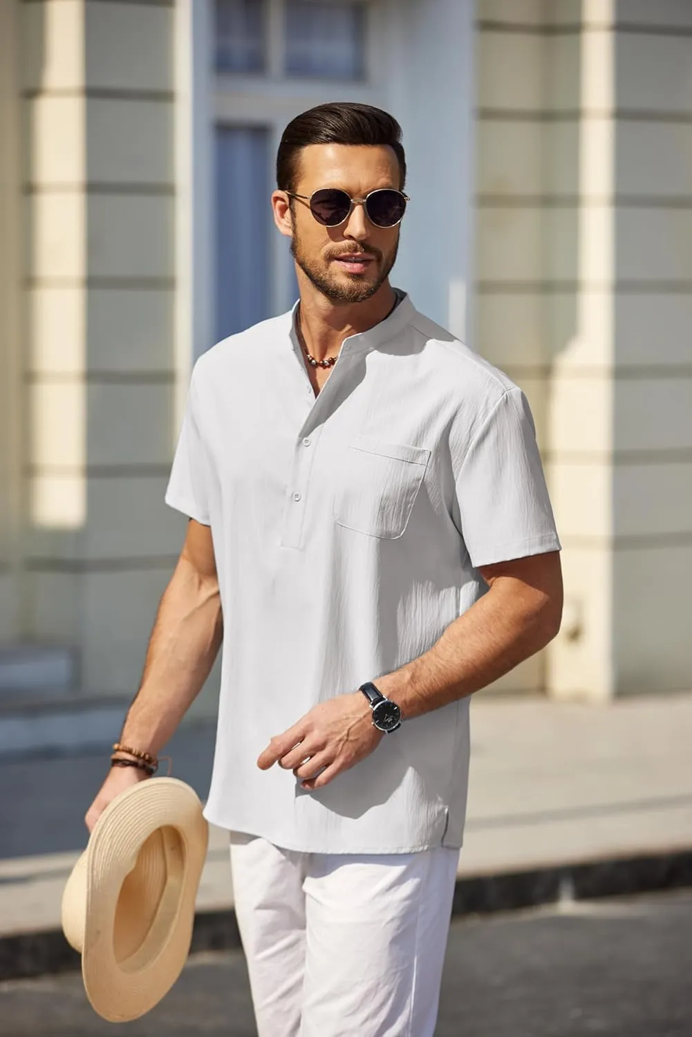 COOFANDY Mens Short Sleeve Henley Casual Shirt Summer Shirts Beach Shirts Banded Collar Shirt Tshirts Shirts with Pocket