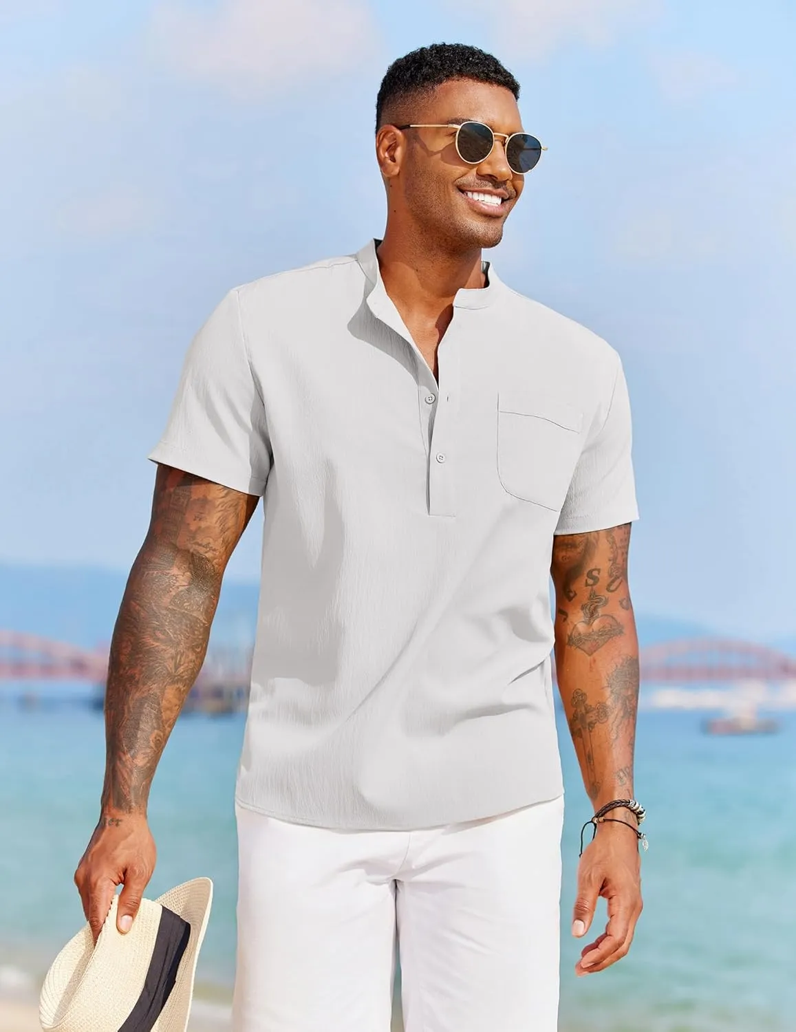 COOFANDY Mens Short Sleeve Henley Casual Shirt Summer Shirts Beach Shirts Banded Collar Shirt Tshirts Shirts with Pocket