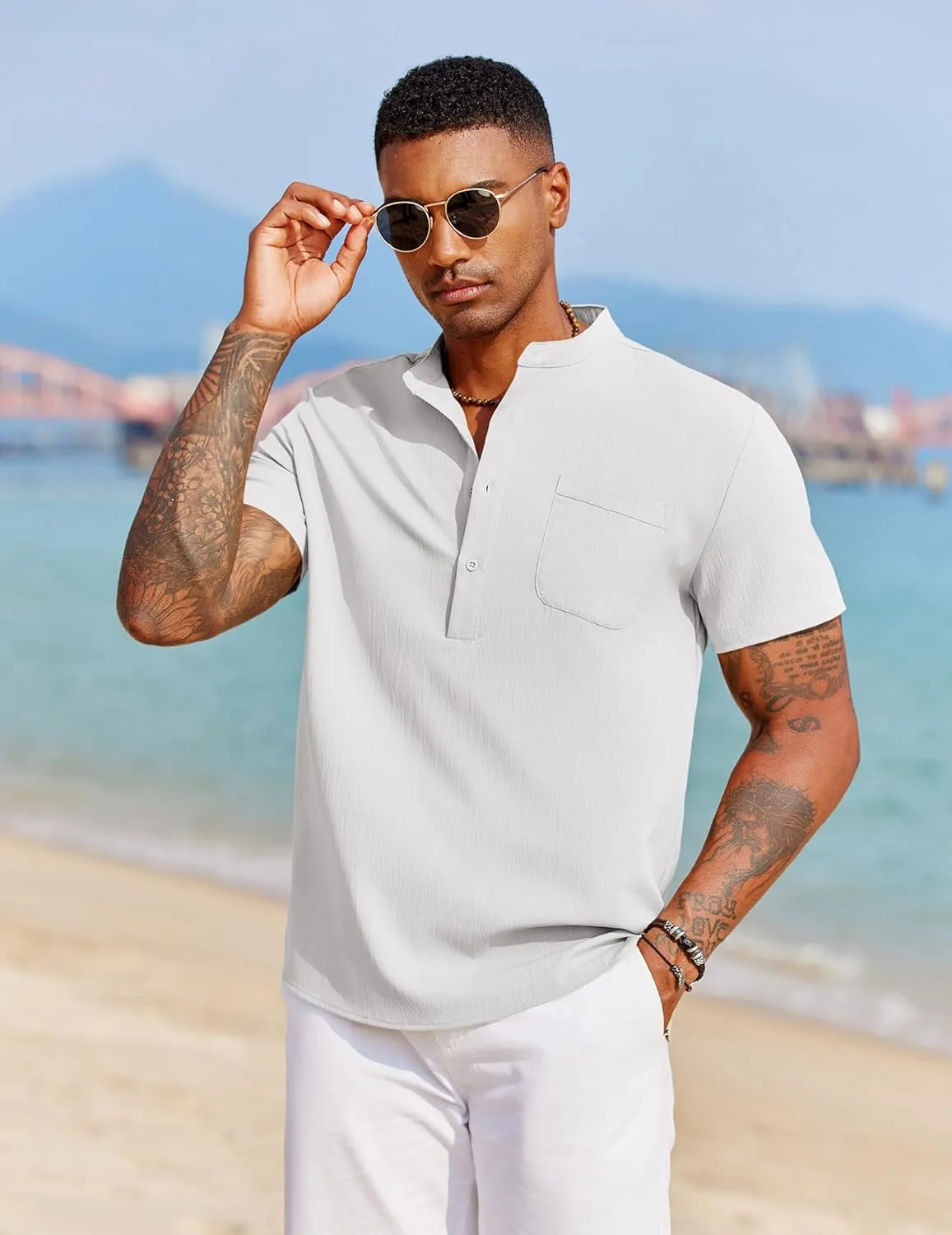 COOFANDY Mens Short Sleeve Henley Casual Shirt Summer Shirts Beach Shirts Banded Collar Shirt Tshirts Shirts with Pocket