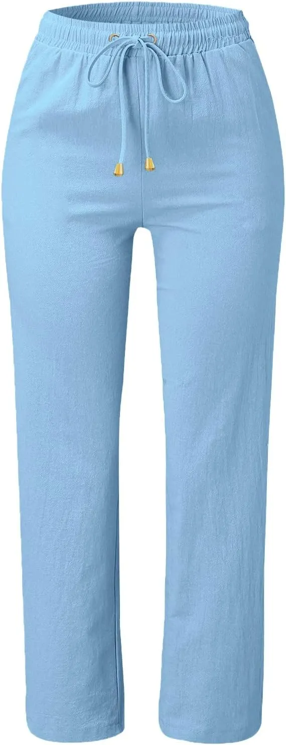 Cotton Linen Pants Women Summer Petite Elastic Waist Solid Lounge Long Trousers Relax Fit Leg White Beach Pant