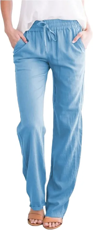 Cotton Linen Pants Women Summer Petite Elastic Waist Solid Lounge Long Trousers Relax Fit Leg White Beach Pant