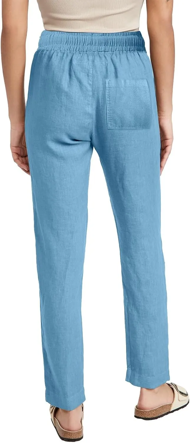 Cotton Linen Pants Women Summer Petite Elastic Waist Solid Lounge Long Trousers Relax Fit Leg White Beach Pant