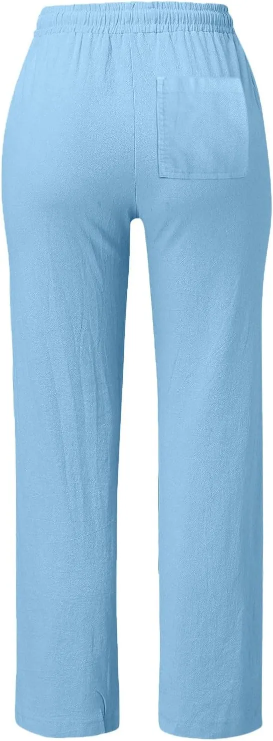 Cotton Linen Pants Women Summer Petite Elastic Waist Solid Lounge Long Trousers Relax Fit Leg White Beach Pant
