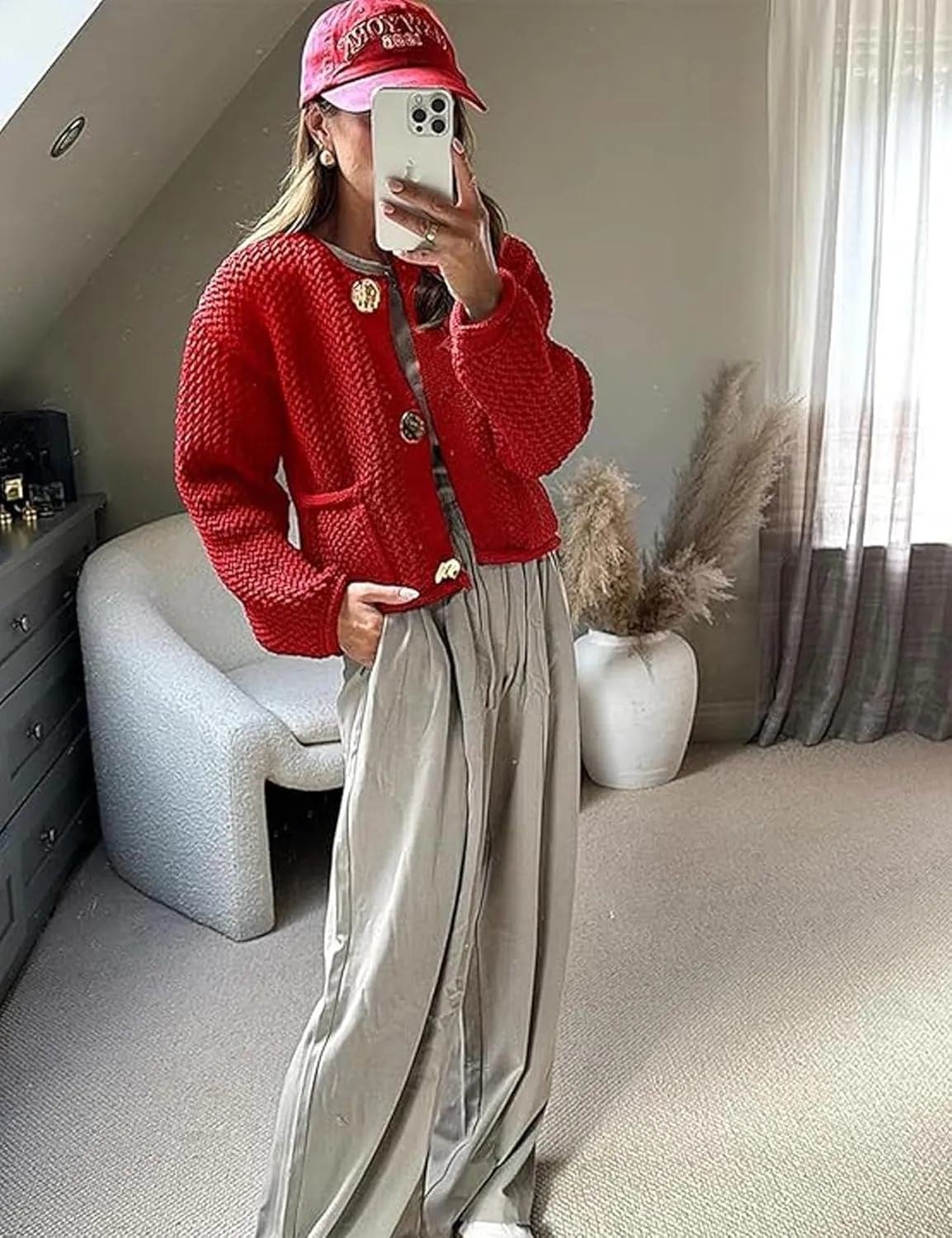 Cropped Cardigan Sweaters for Women Gold Button Down Cardigans Chunky Knit Jacket Open Front Outwear Coats