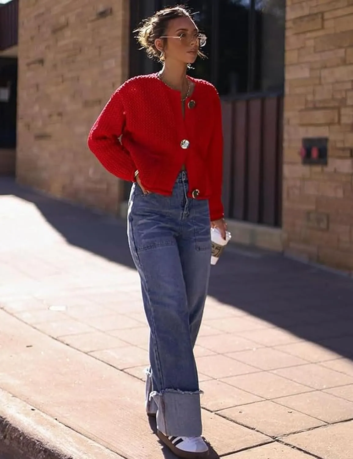 Cropped Cardigan Sweaters for Women Gold Button Down Cardigans Chunky Knit Jacket Open Front Outwear Coats