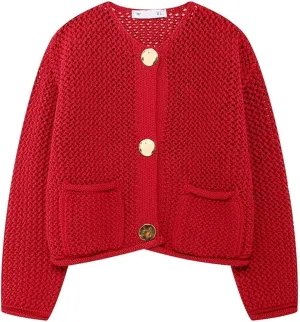 Cropped Cardigan Sweaters for Women Gold Button Down Cardigans Chunky Knit Jacket Open Front Outwear Coats