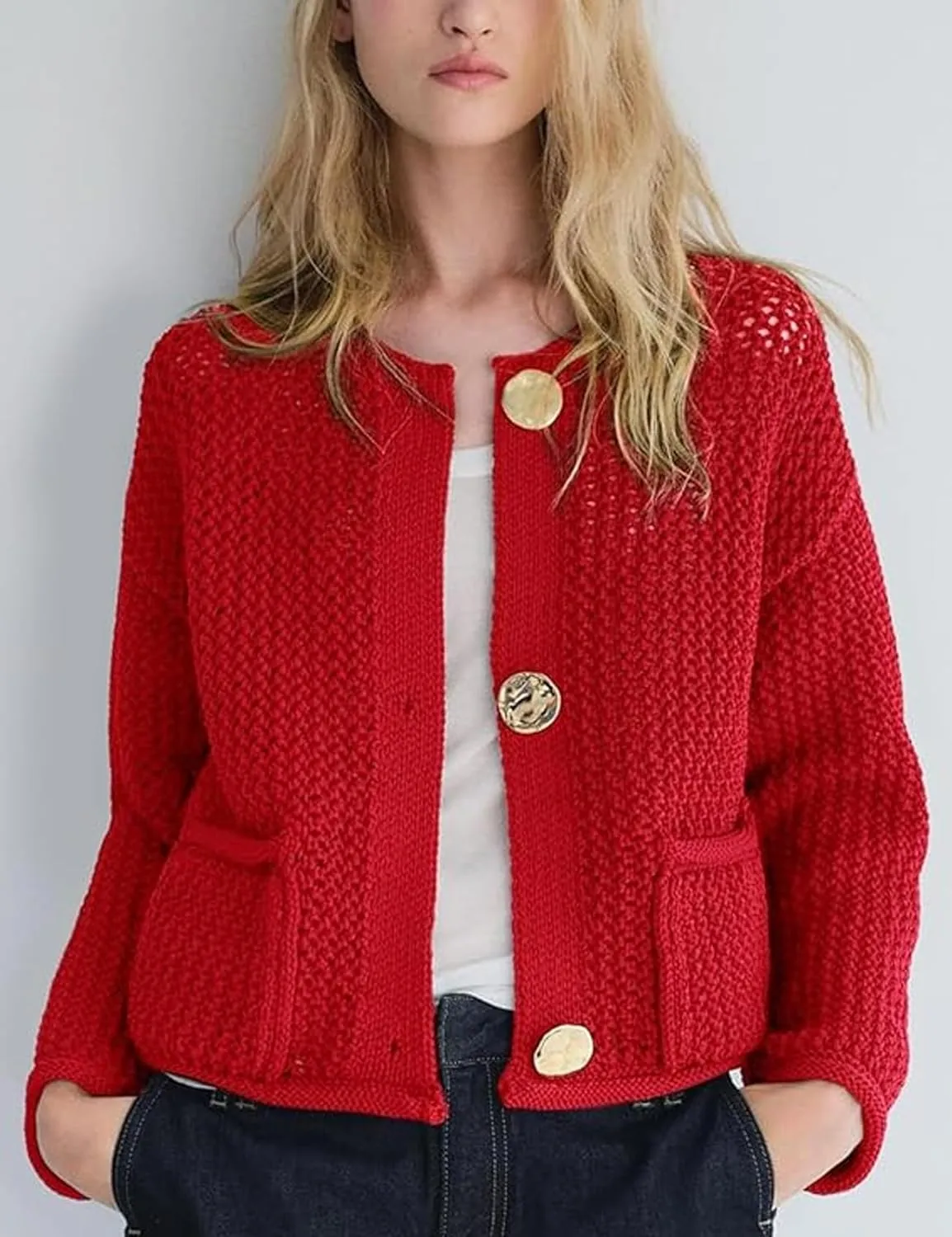 Cropped Cardigan Sweaters for Women Gold Button Down Cardigans Chunky Knit Jacket Open Front Outwear Coats