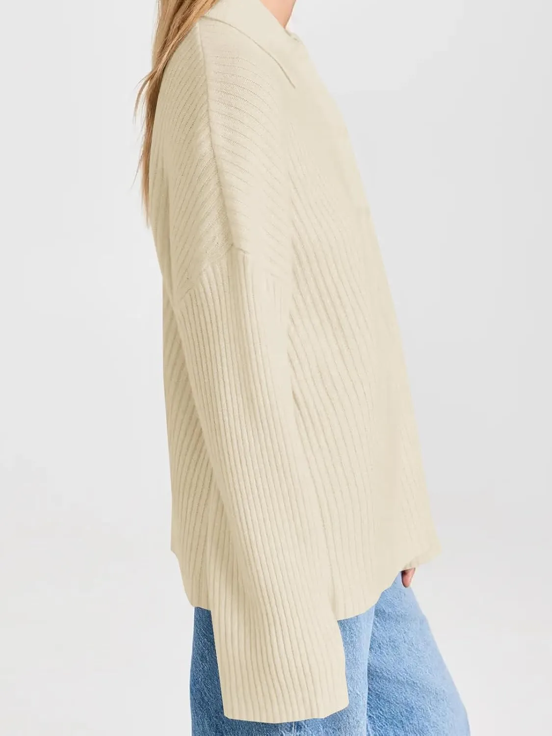 Danedvi Womens Collared Cardigan Sweaters Oversized Ribbed Knit Open Front Button Up Bell Sleeve Outwear