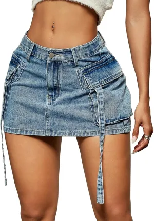 Denim Skirt y2k Button Mini Skirt Jean Skirt Cargo Skirts for Women with Pocket Low Waist