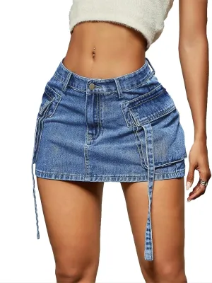 Denim Skirt y2k Button Mini Skirt Jean Skirt Cargo Skirts for Women with Pocket Low Waist