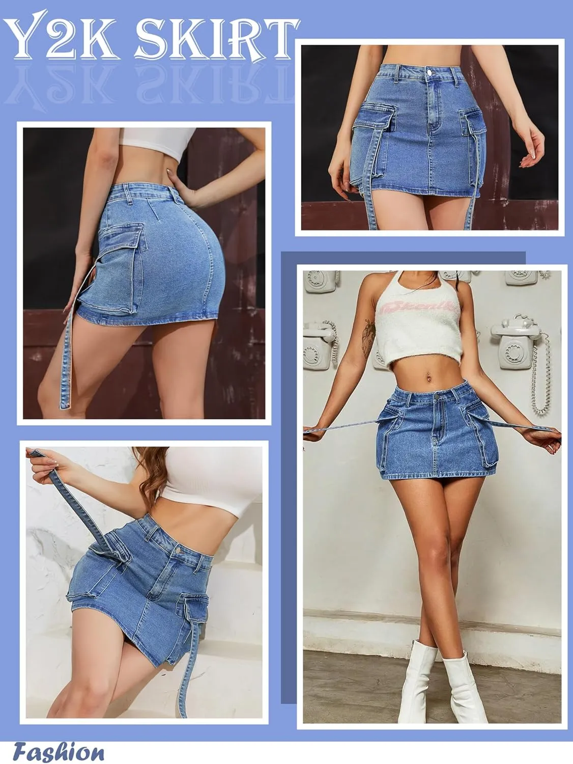 Denim Skirt y2k Button Mini Skirt Jean Skirt Cargo Skirts for Women with Pocket Low Waist